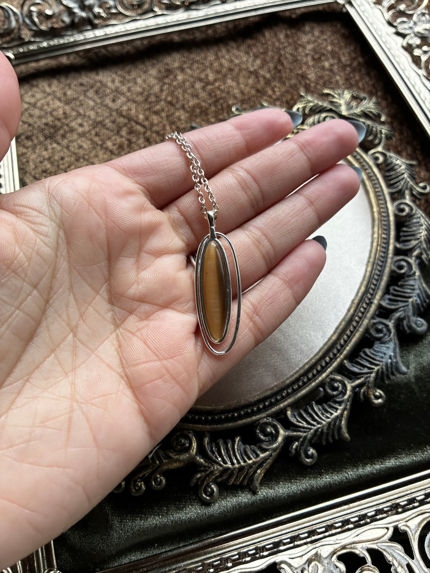 Brown Long Oval Cats Eye Necklace