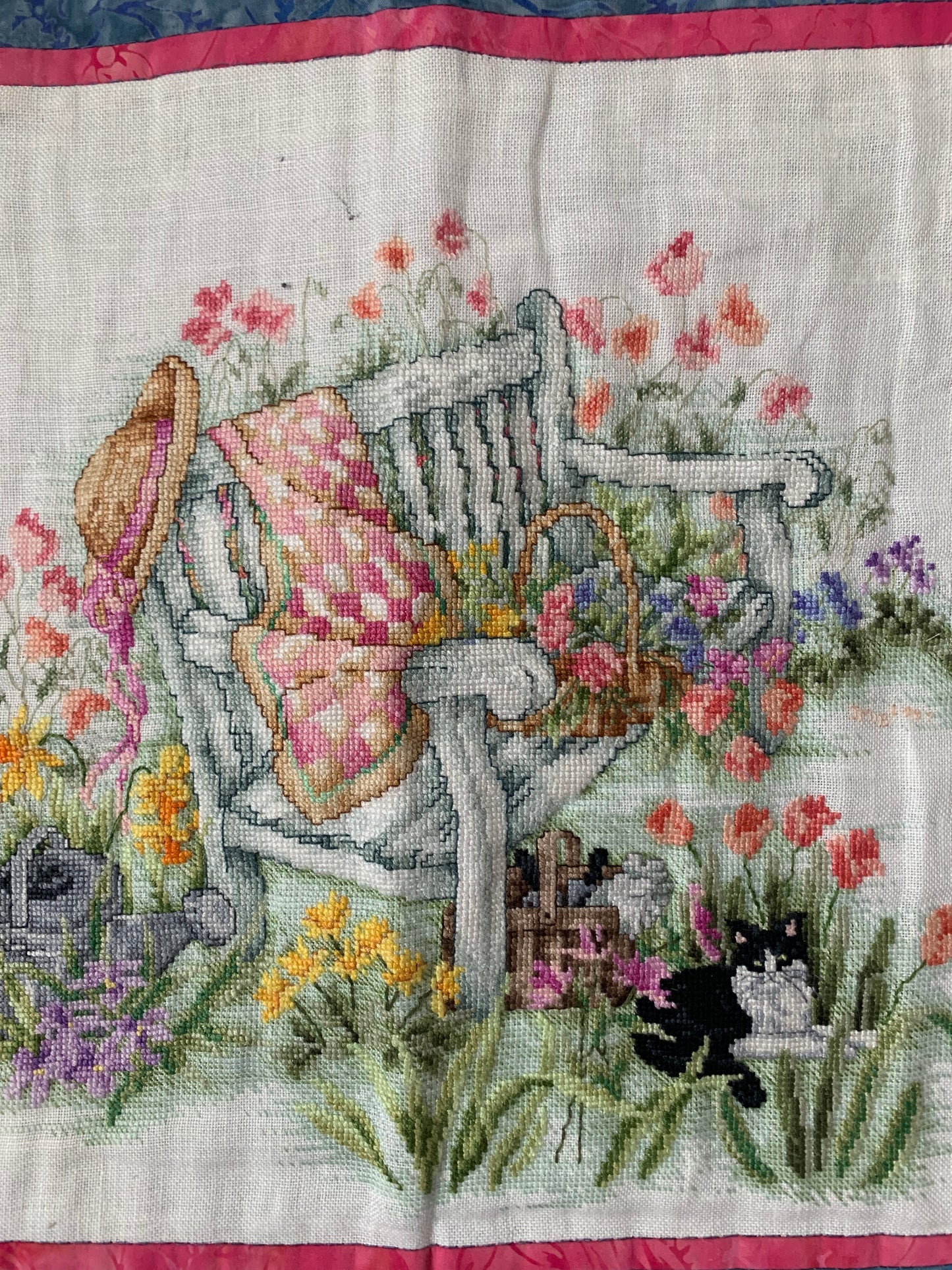 handmade cross stitch garden hanging
