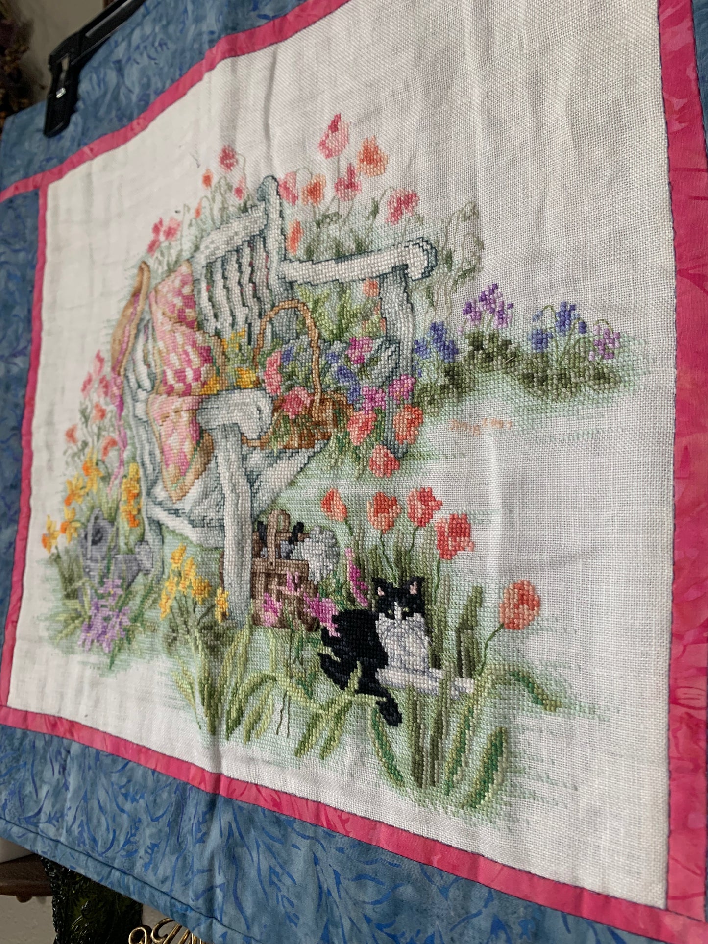 handmade cross stitch garden hanging