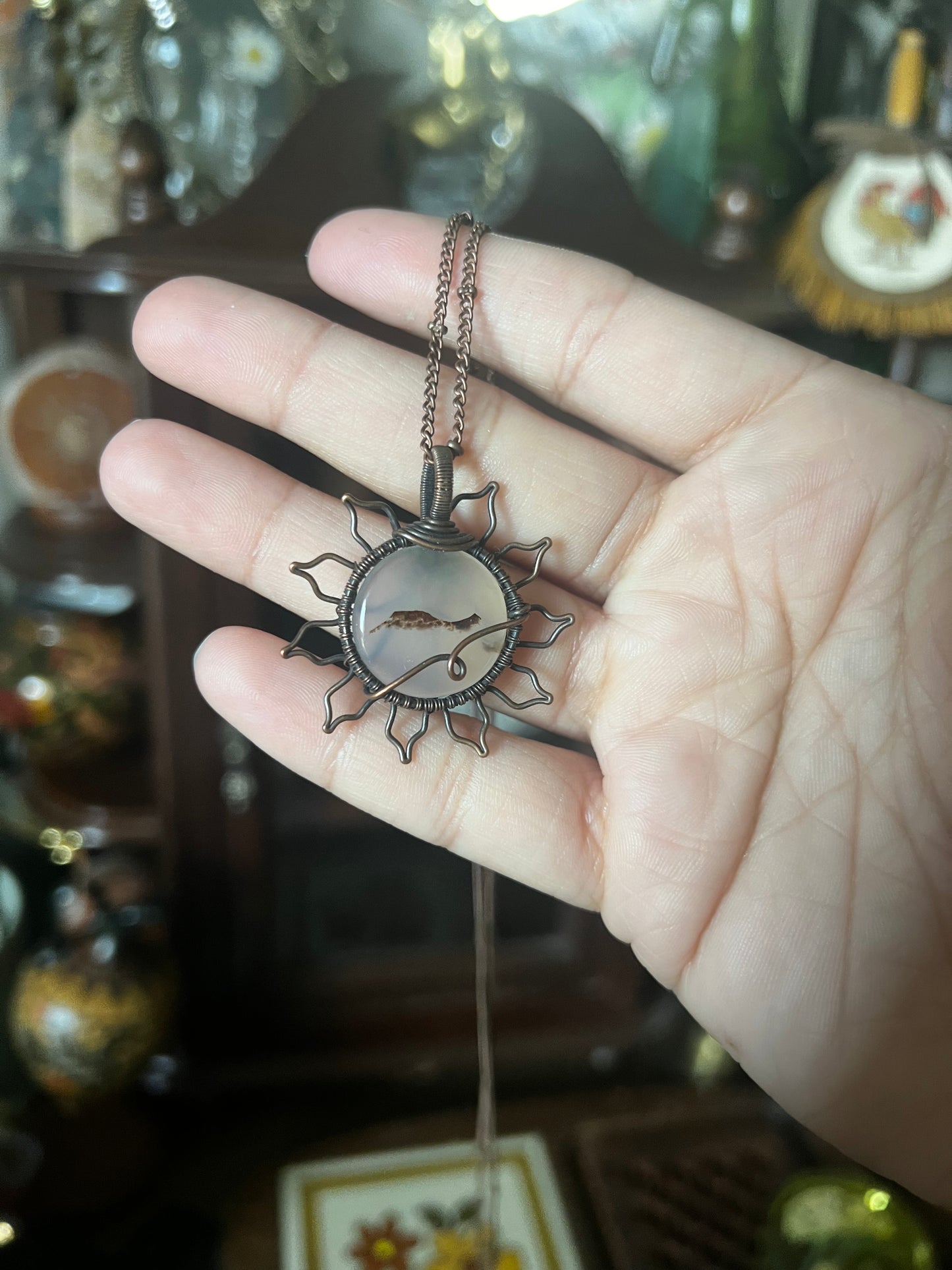 dendritic agate wired wrapped sun pendant