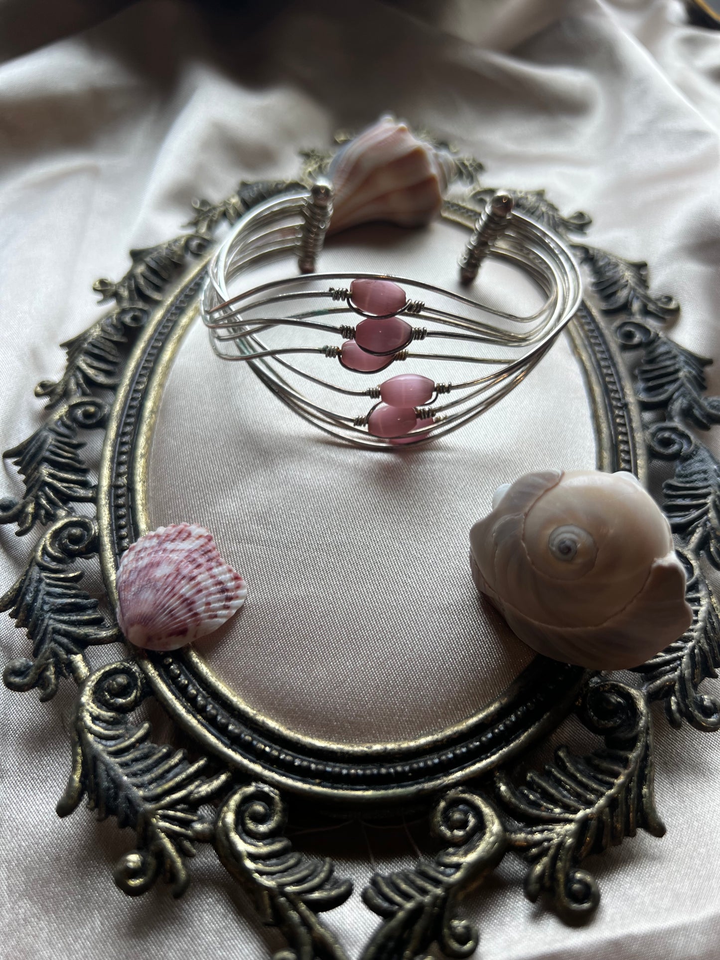Pink Catseye Silver Toned Bracelet Cuff
