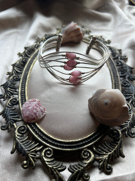 Pink Catseye Silver Toned Bracelet Cuff