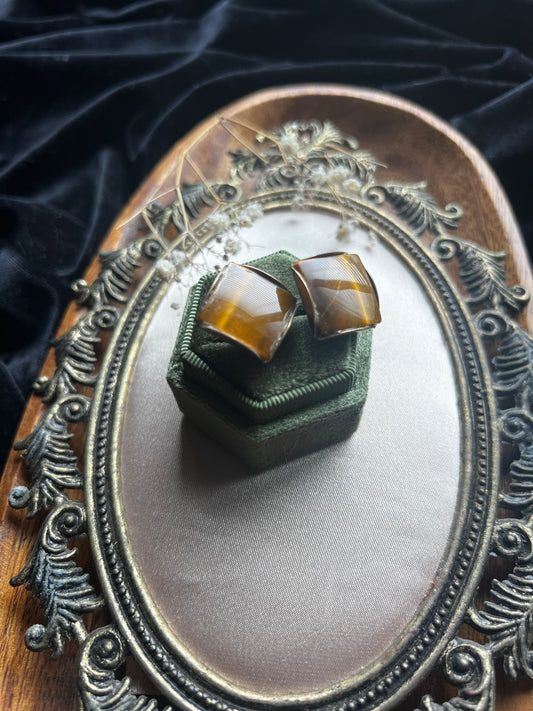 Gold Toned Tiger’s Eye Screw Back Earrings