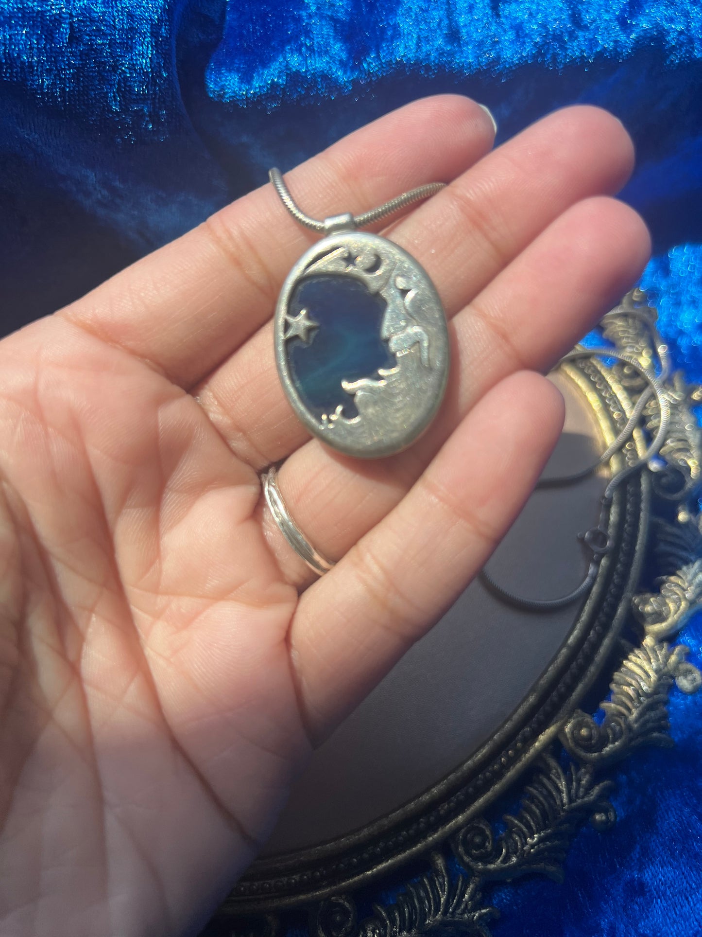 Vintage Silver Toned Moon Stained Glass Necklace
