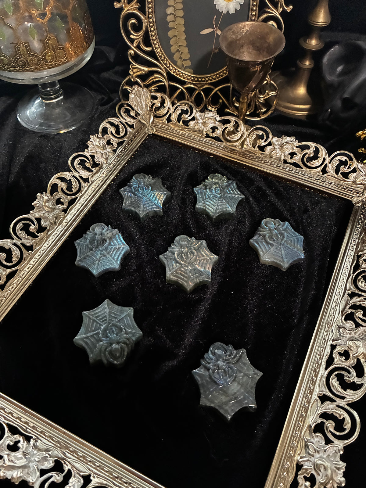 Labradorite Spiders in Webs