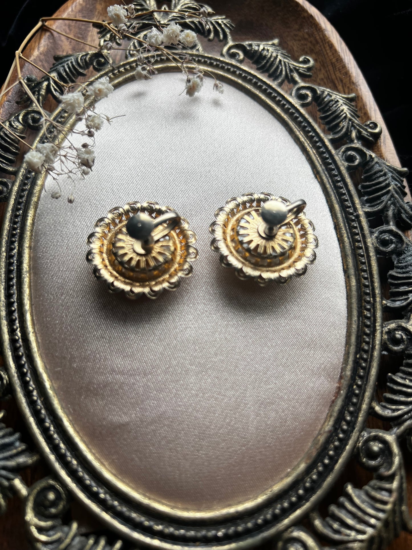 Faux Pearl and Gold Screw Back Earrings