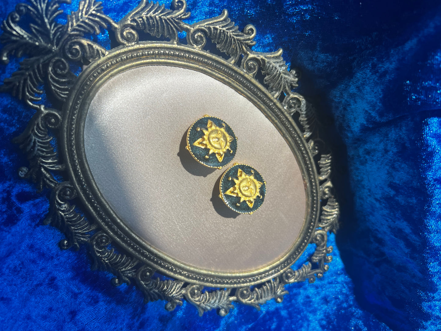 Blue and Gold Toned Sun Clip on Earrings
