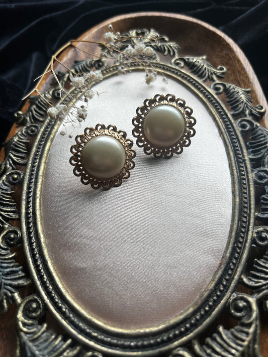 Faux Pearl and Gold Screw Back Earrings