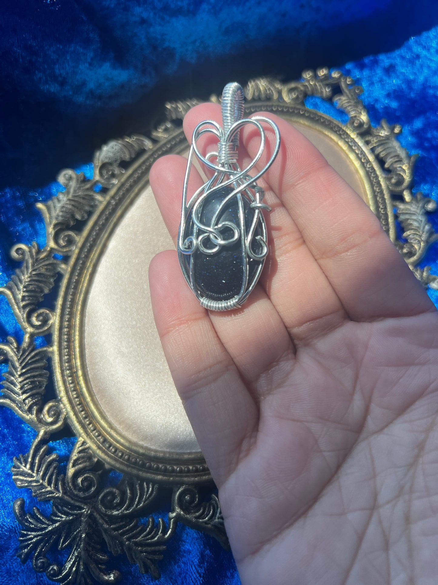 Wire Wrapped  Blue Goldstone Pendant
