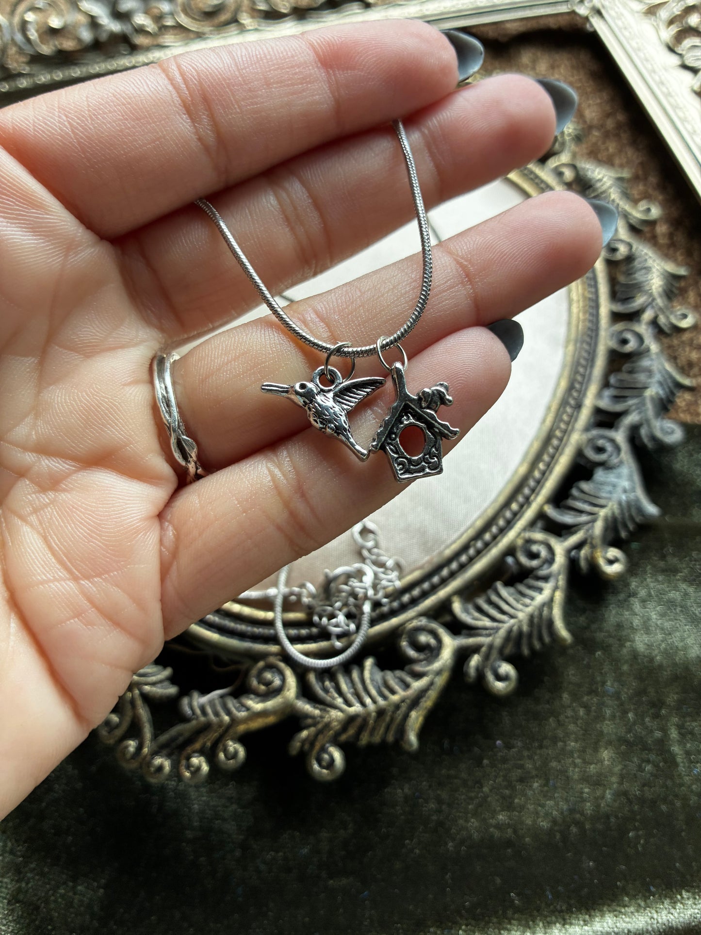 Humming Bird and Birdhouse Necklace