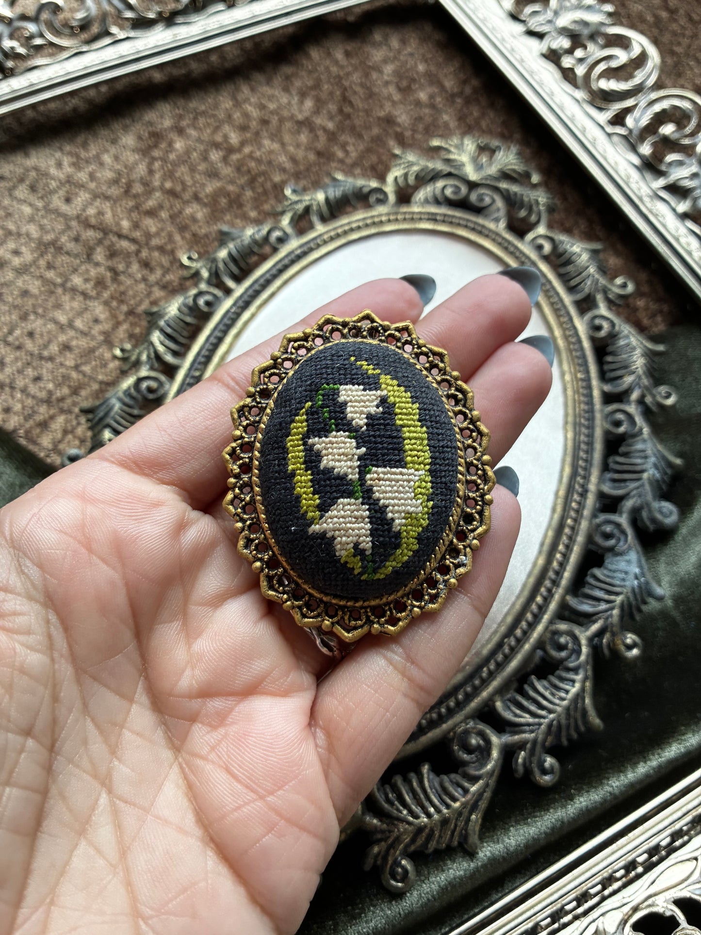 Cross Stitch Lily of the Valley Brooch