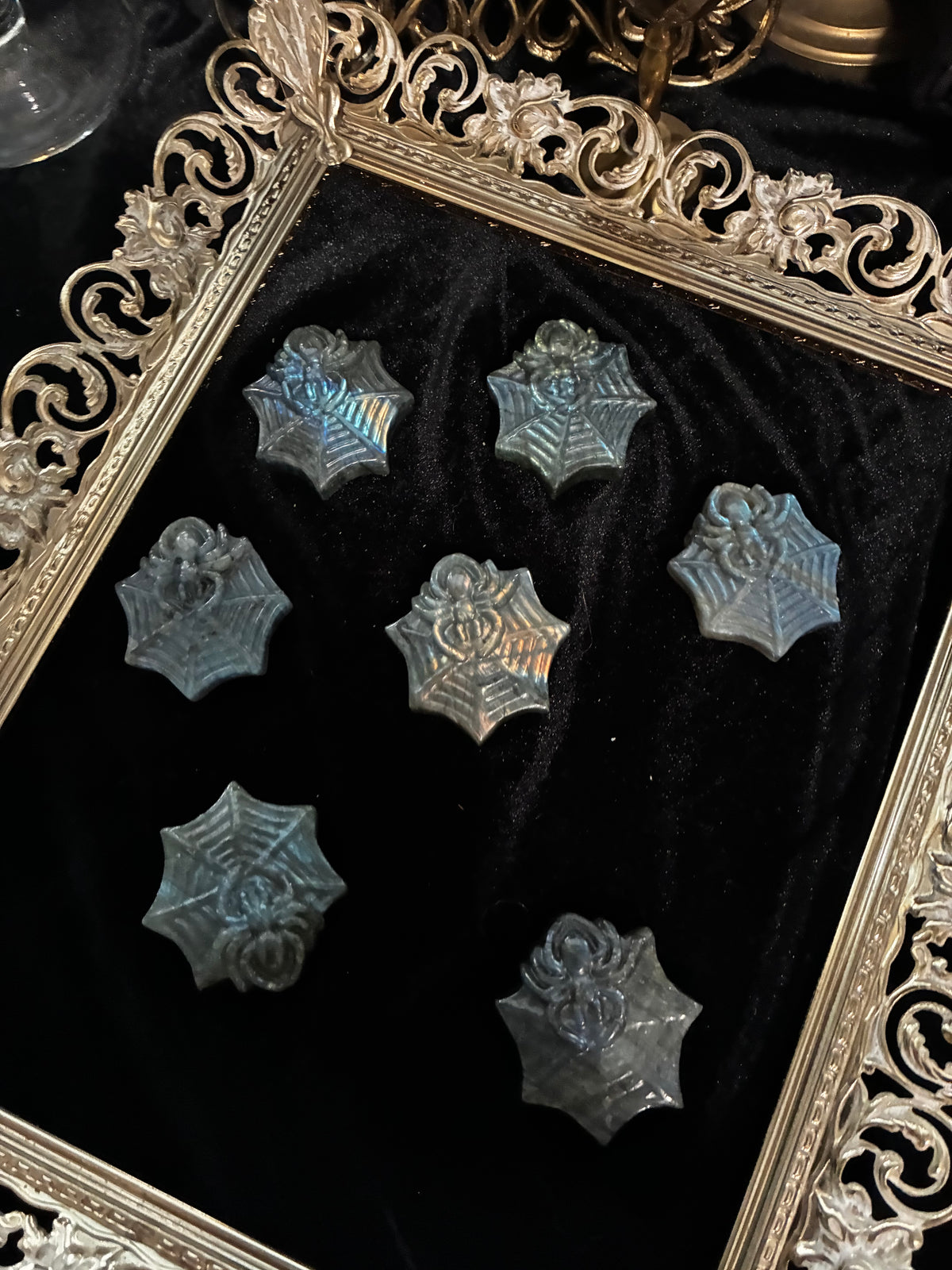 Labradorite Spiders in Webs