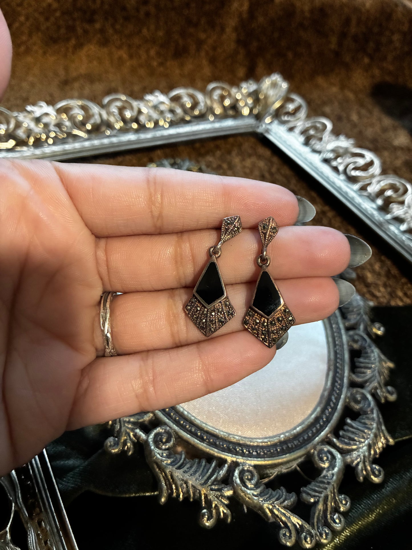 Silver Toned and Black Dangle Earrings