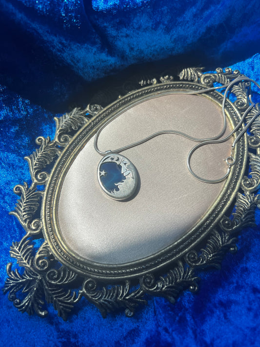 Vintage Silver Toned Moon Stained Glass Necklace