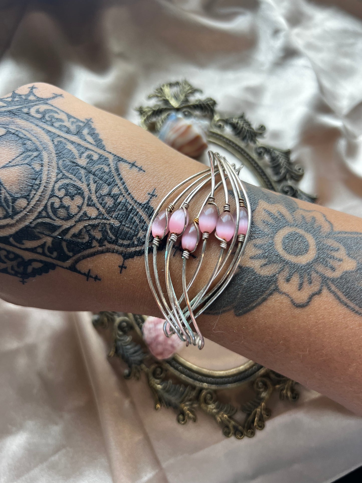 Pink Catseye Silver Toned Bracelet Cuff