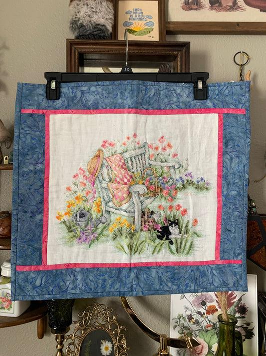 handmade cross stitch garden hanging