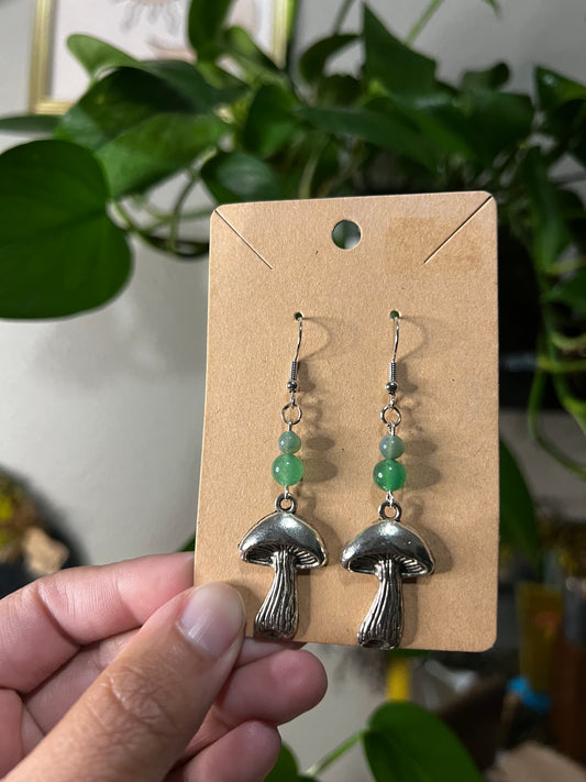 moss agate and green aventurine mushroom earrings